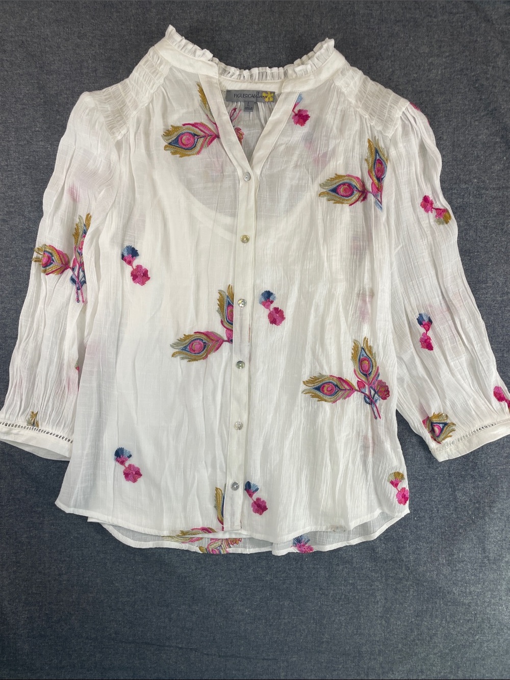 Anthropologie White Gauze Button-Front Blouse with Pink & Blue Embroidery cami L